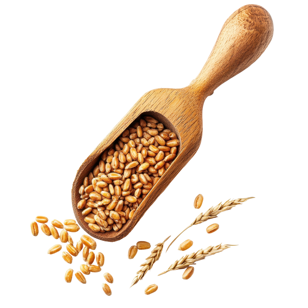 Enhance your meals with nutritious wheat germ in a wooden scoop isolated on a clean background, Wheat germ in wood scoopisolated on Transparent background png