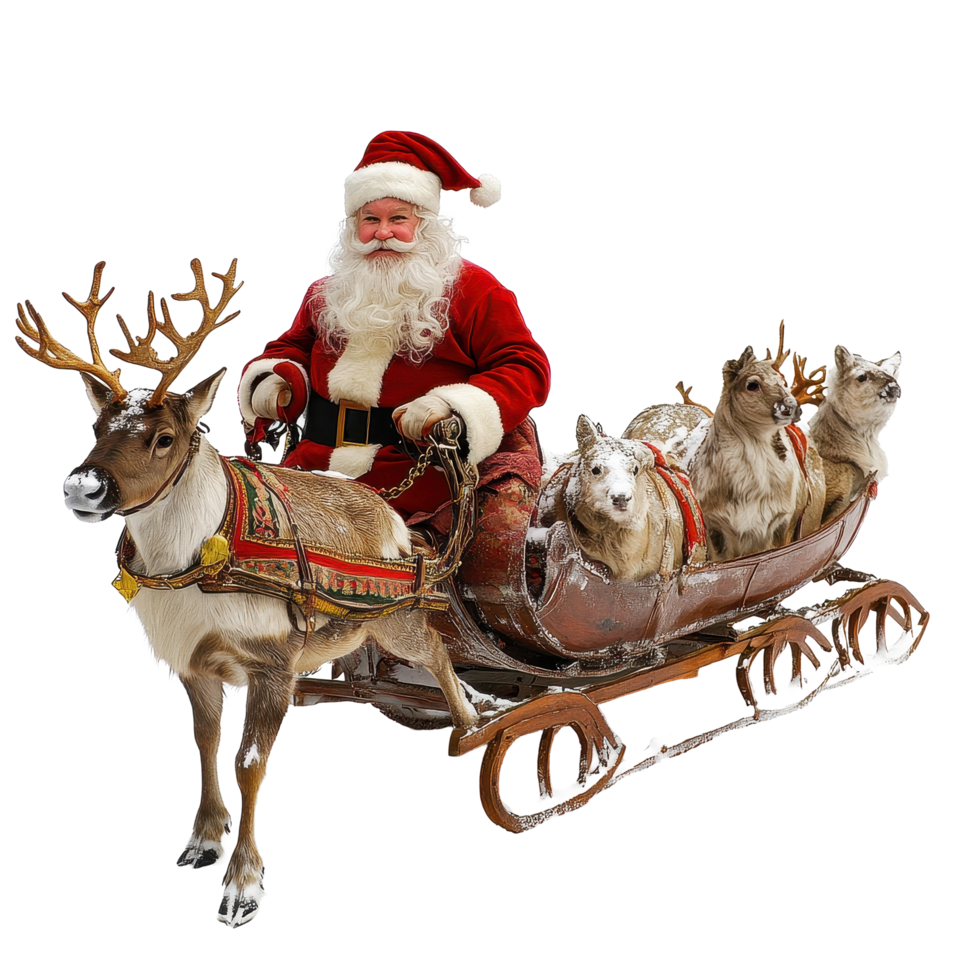 Joyful Santa Claus rides in a sleigh pulled by reindeer ready for Christmas festivities, Santa Claus with Reindeer and Sleigh Christmas Theme on Transparent background, background png