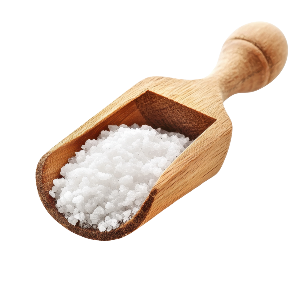 Wooden scoop filled with salt isolated on a Transparent background for culinary and decorative uses, Salt in wooden scoopisolated on background png