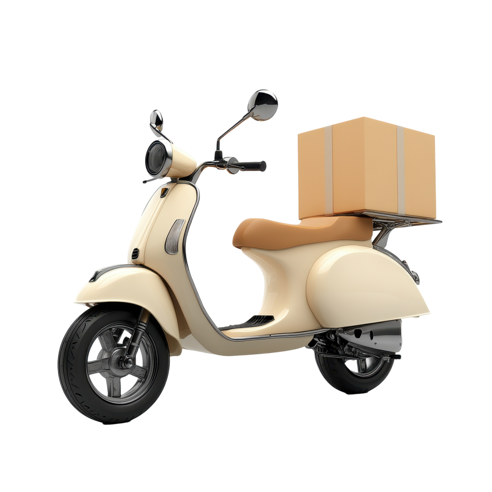 Delivery scooter with a box on a Transparent background ready for transport in urban areas, background a scooter with a delivery box,isolated on background png