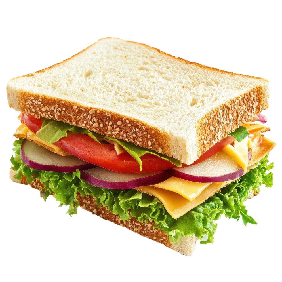Freshly made sandwich on Transparent background with layers of lettuce, tomato, onion, and cheese, sandwichisolated on backgroundbackground png