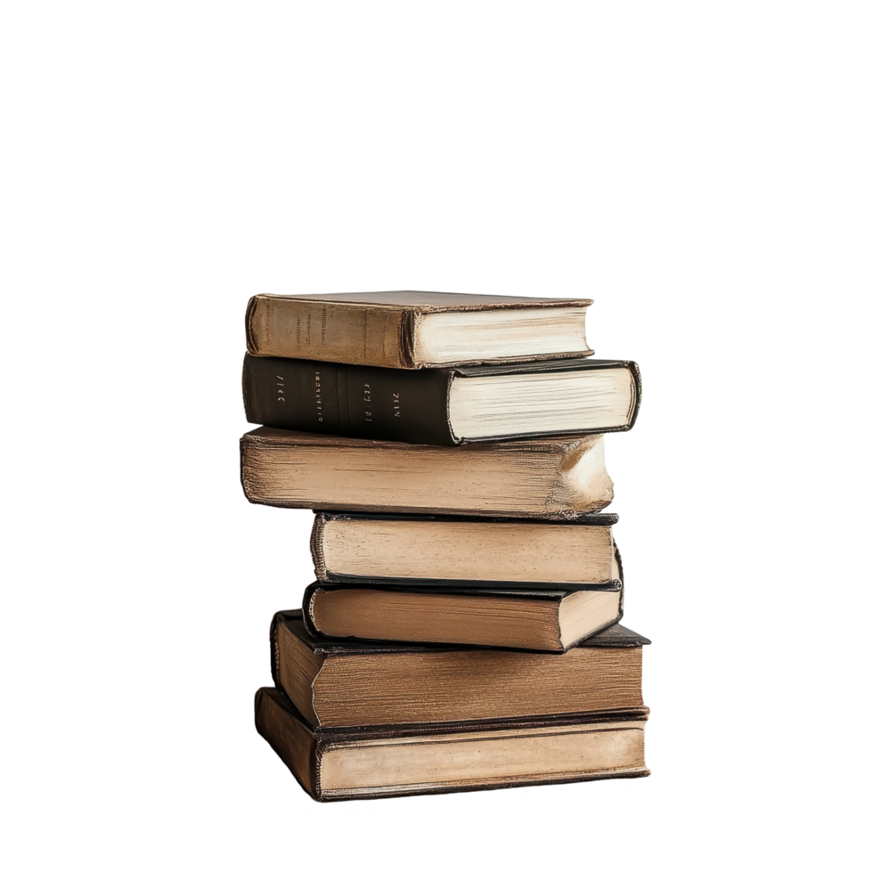 Stack of vintage books resting on a wooden table against a Transparent background for a cozy reading atmosphere, stack books sitting on a wooden table, background png