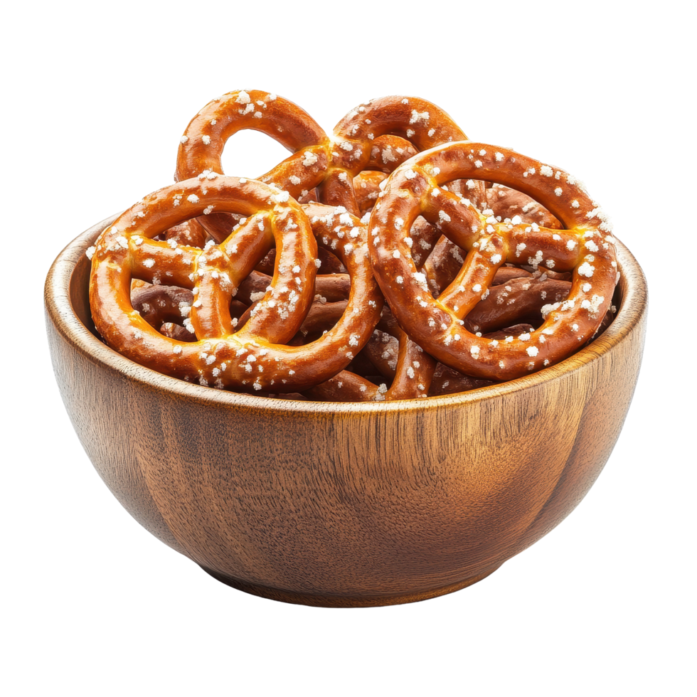 Salted pretzels in a wooden bowl on a Transparent background ready for snacking, Salted pretzels in bowl isolated on png