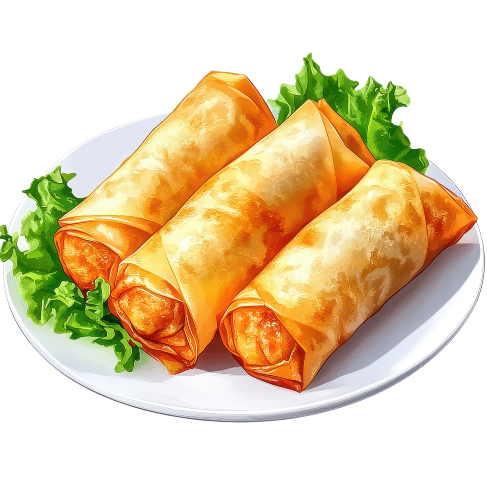 Freshly made spring rolls served on a white plate with decorative lettuce on a bright background, Springrolls on plate with decoratiTransparent background with png