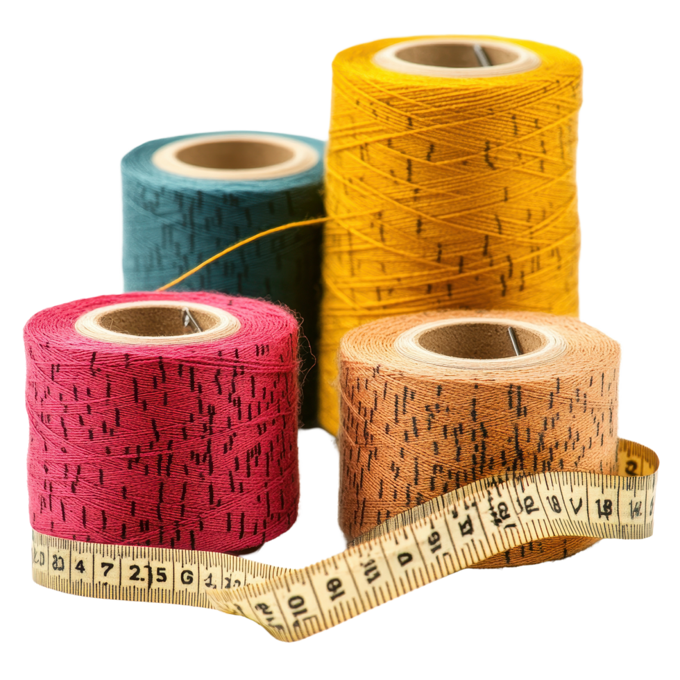 Spools of colorful thread with a measuring tape on a Transparent background showcasing sewing essentials, Spools Thread and Tape Measure, background png