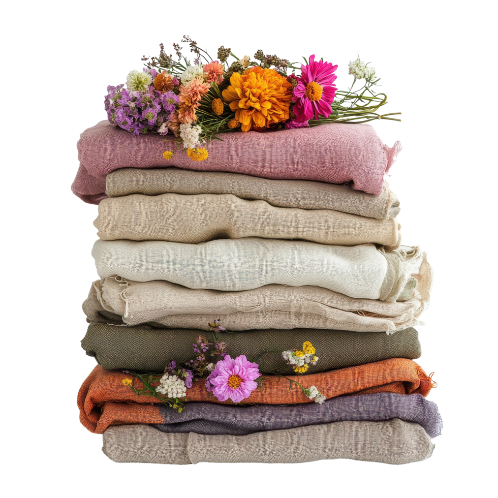 Stacked folded cloths adorned with colorful flowers creating a cozy and vibrant display, stack folded folded cloths with flowers on them, Transparent background png