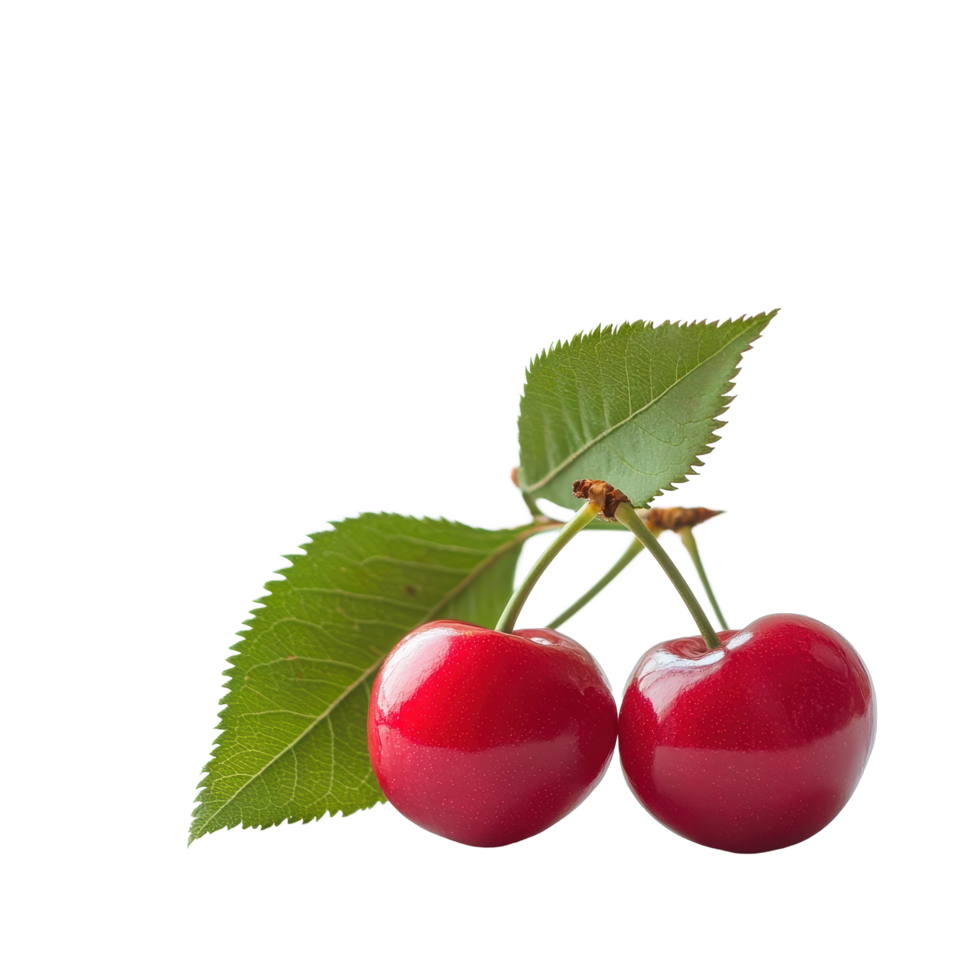 Fresh cherries with green leaves placed against a plain Transparent background showcasing vibrant color and detail, two fresh cherries with leaves, background png