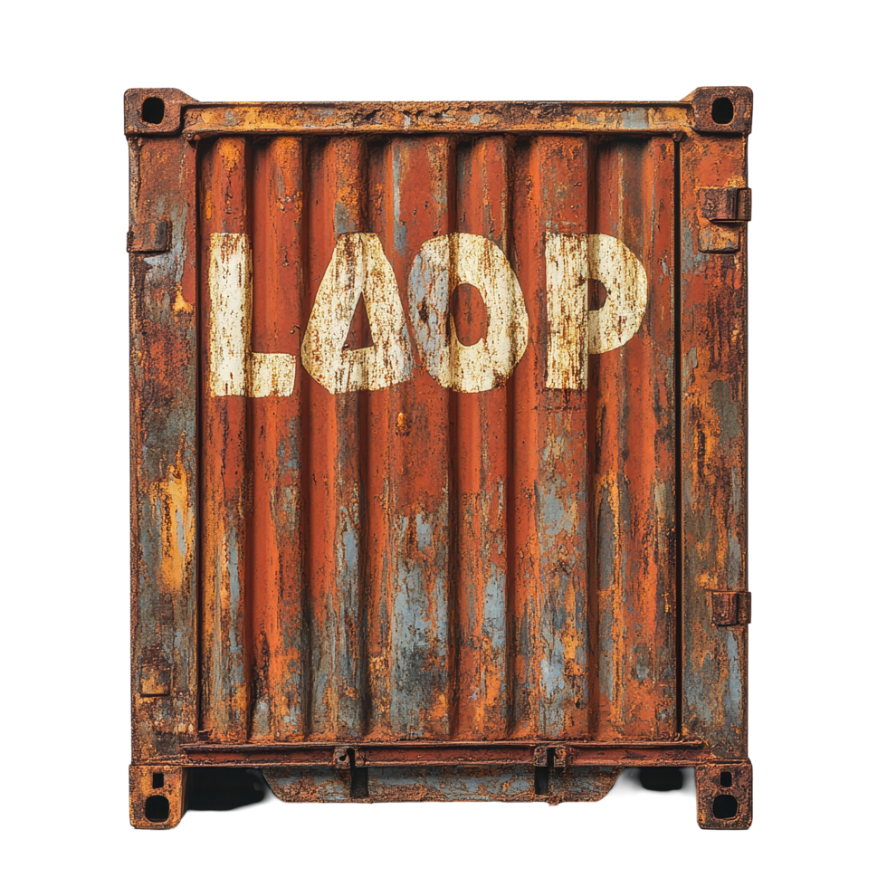 Rusty shipping container with weathered load markings stands out against a plain background, rusty container with the word load written on it, Transparent background png