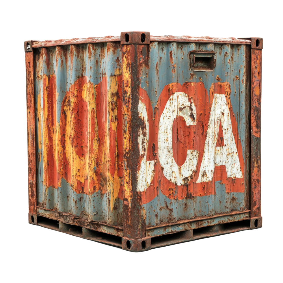 Rusty shipping container with faded lettering located in an urban setting, rusty container with the word loca painted on it, Transparent background png