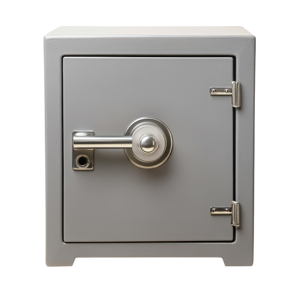 Secure safe box with metallic lock and hinges on clean Transparent background for storage and protection, Safe box isolated on png