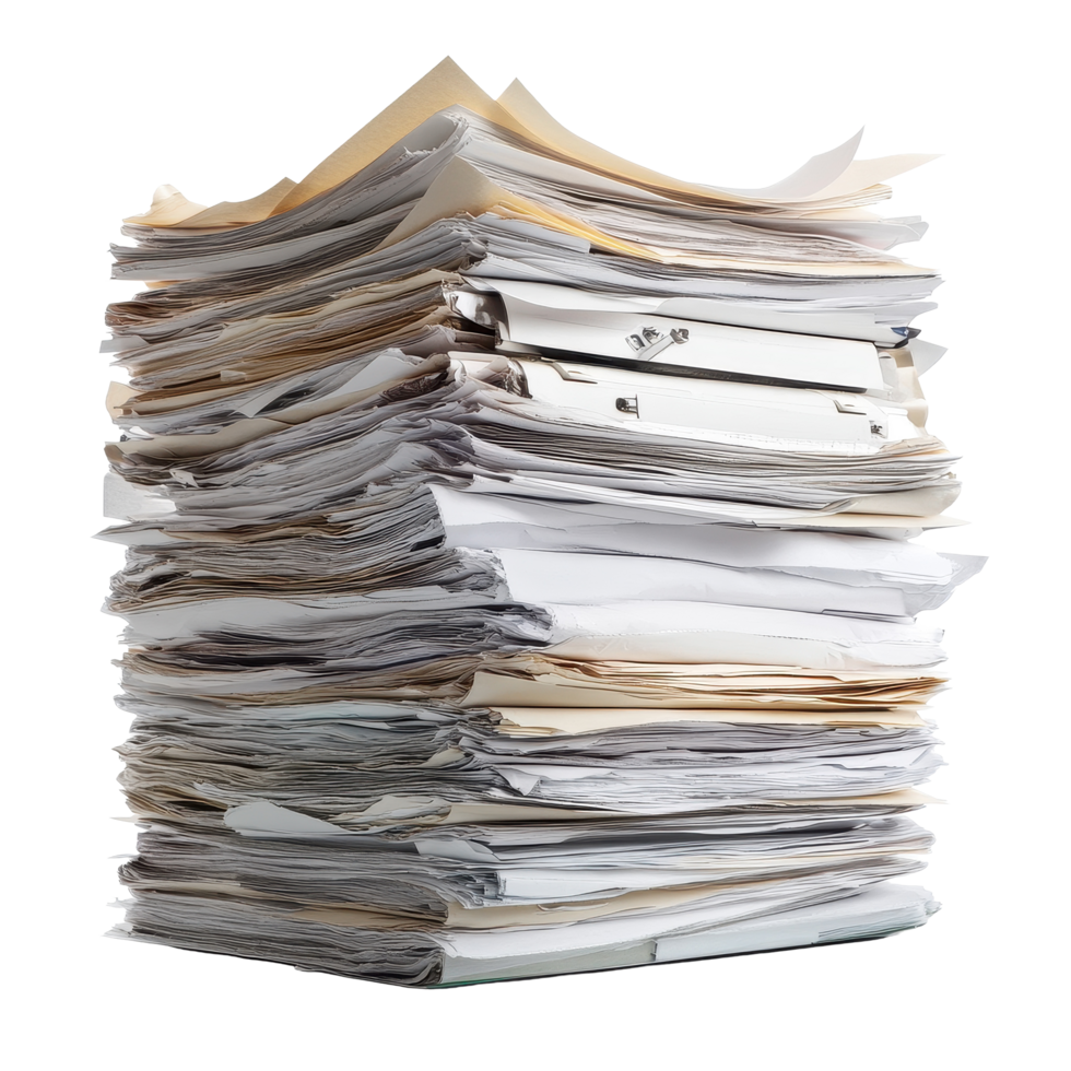 Stacked paperwork and documents piled high in an organized yet chaotic manner for office management tasks, Stack paper documents files paperwork isolated magazines png