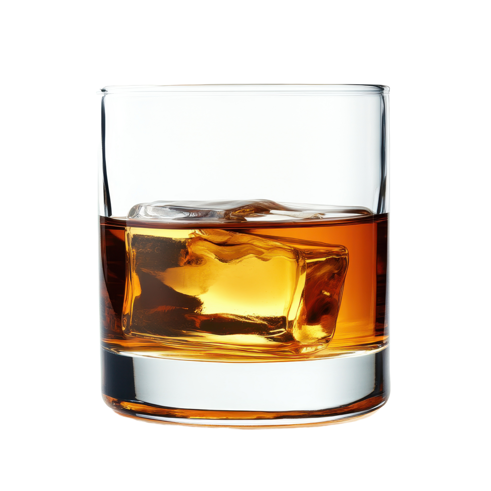 Enjoying smooth whiskey served in a glass with ice on a bright Transparent background, whiskey in glassisolated on background png