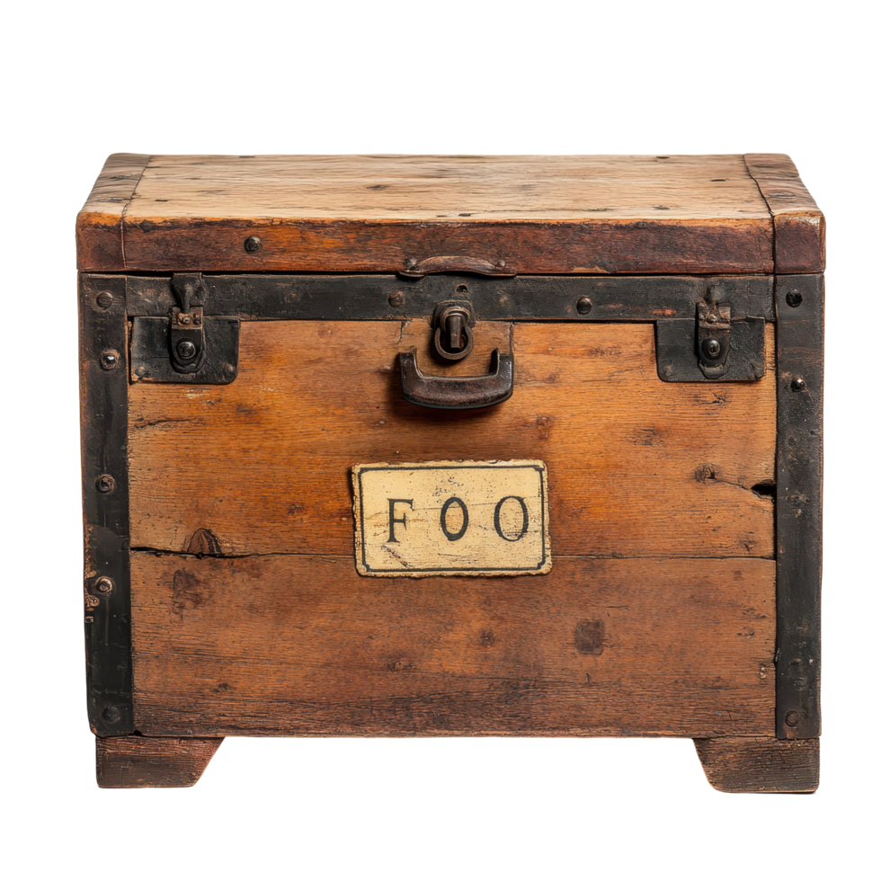 Wooden trunk with a lock and a sign reading foot, showcasing rustic craftsmanship and historical design, wooden trunk with a lock and a sign that says foot, Transparent background png