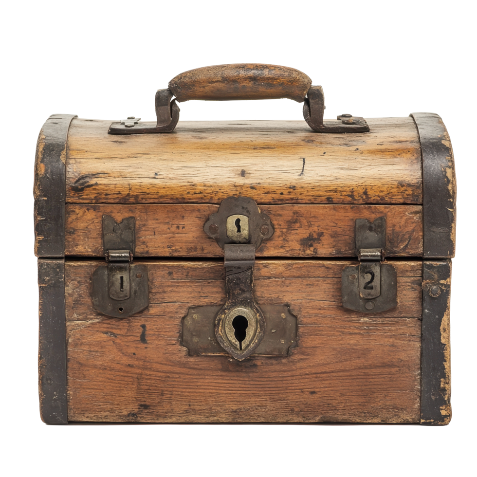 Rustic wooden chest with metal latch and numbered locks displayed on a plain background, wooden chest with a metal latch and a number on the front, Transparent background png
