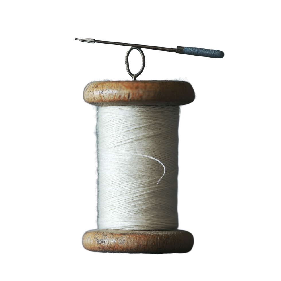 Spool of white thread with a needle poised above in a crafting workspace setting, Spool Thread and Needle png