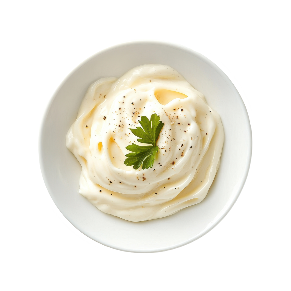 Creamy mayonnaise garnished with parsley on a white plate against a plain background, Some white mayonnaise on the white plate, Transparent background png