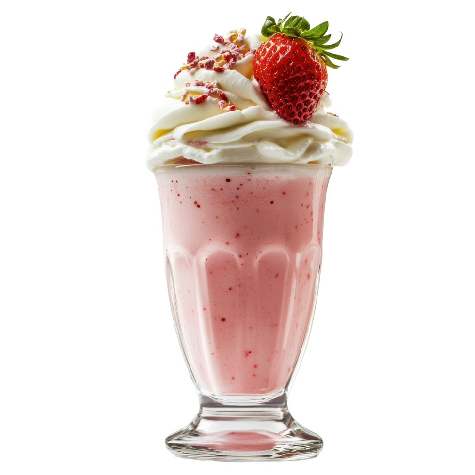 Delicious strawberry milk shake topped with whipped cream and fresh strawberries on a Transparent background, strawberry milk shake, png