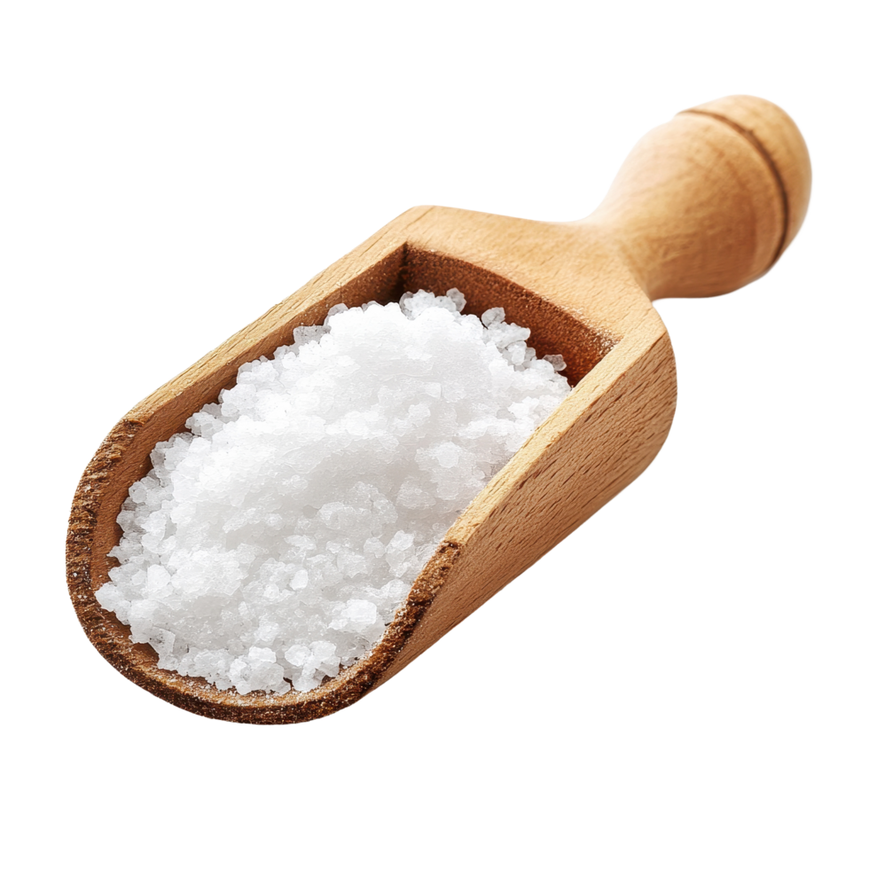 Salt in wooden scoop on Transparent background highlighting simplicity and natural materials, Salt in wooden scoopisolated on background png