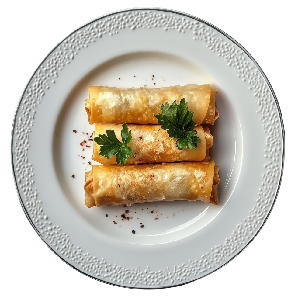 Delicious spring rolls served on a decorative plate with fresh herbs against a Transparent background, Springrolls on plate with decoratiPNG background with png