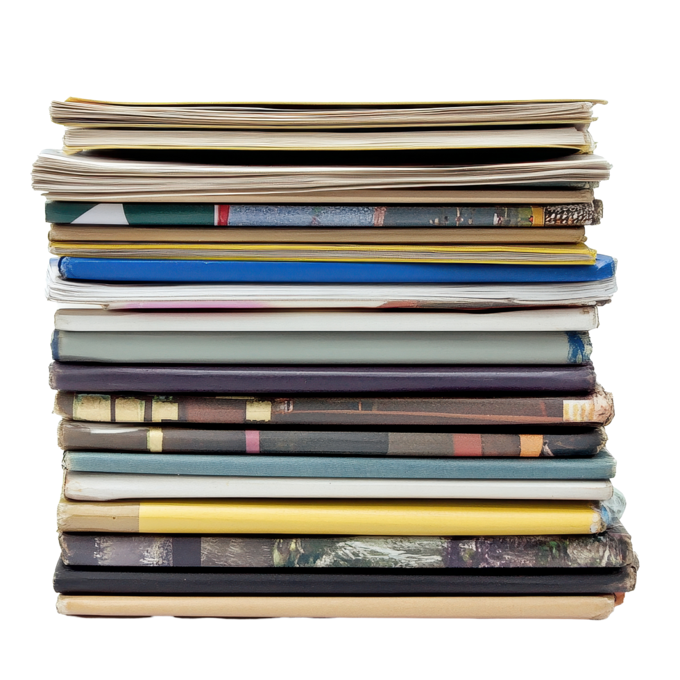Collection of stacked magazines resting on a Transparent background capturing various colorful covers and textures, Stack magazines on background png