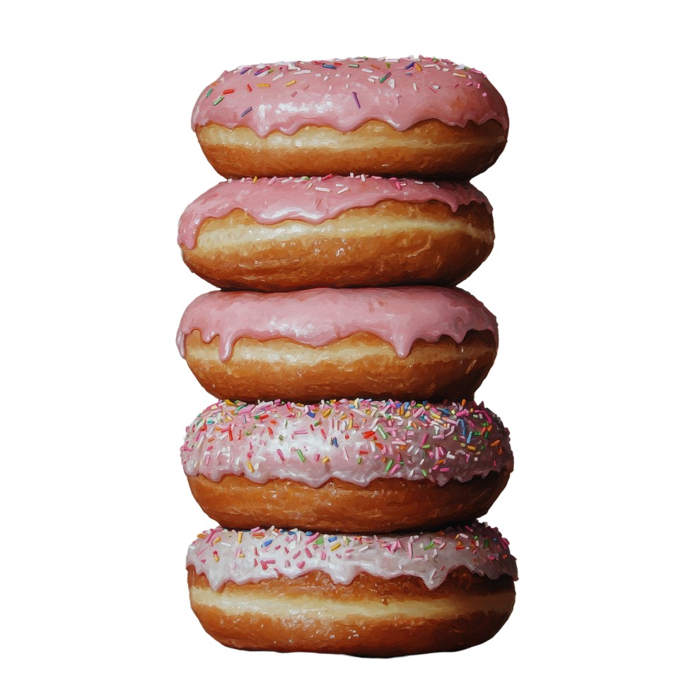 Stack of freshly baked donuts with pink icing and sprinkles arranged on a neutral background, Stack Donuts png