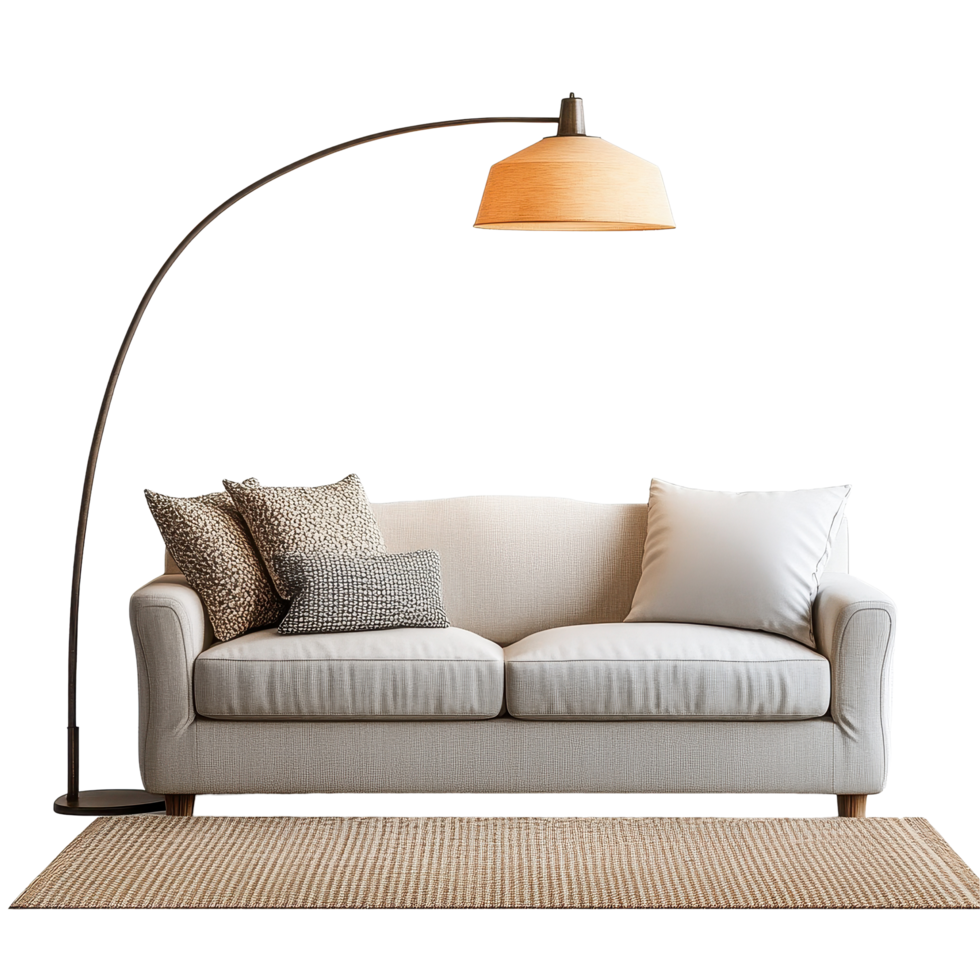 Cozy living room setup featuring a light sofa with decorative pillows, a stylish floor lamp, and a rug, sofa with pillow rug and floor lamp isolated on Transparent background, background png
