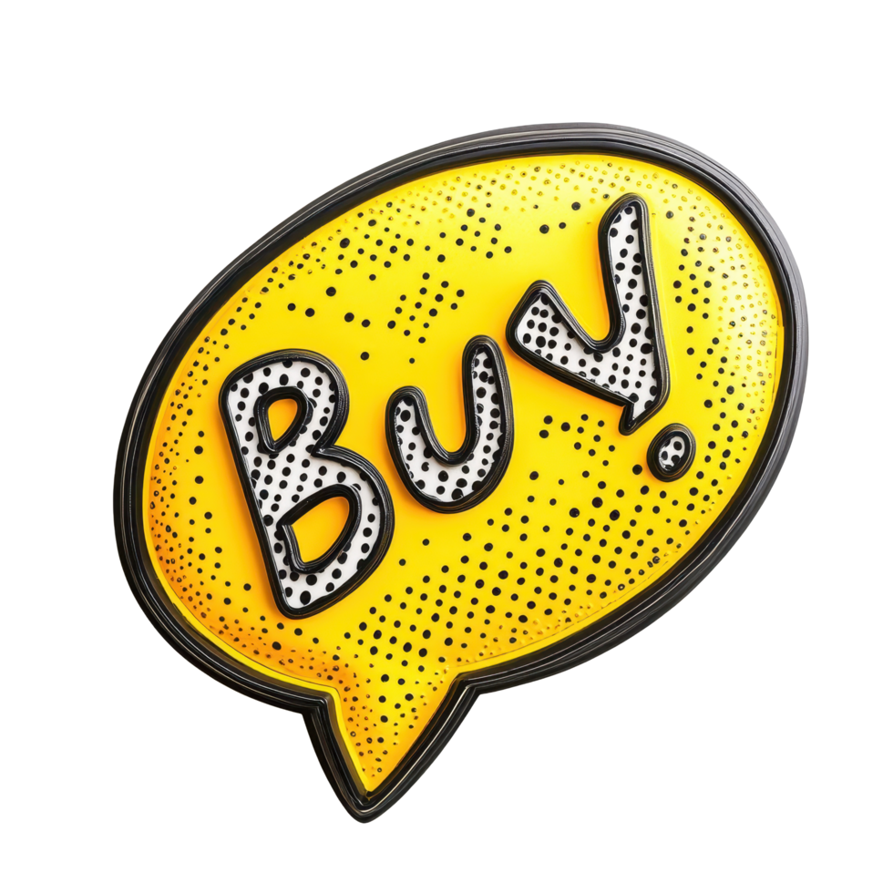 Buy bubble sign in vibrant yellow, encouraging purchases with playful and bold lettering design, yellow speech bubble with the word buy written in it, Transparent background png