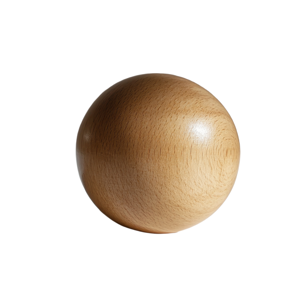 Natural wooden ball on a white surface with soft shadows showcasing its smooth texture and rounded shape, wooden ball on a white surface, Transparent background png