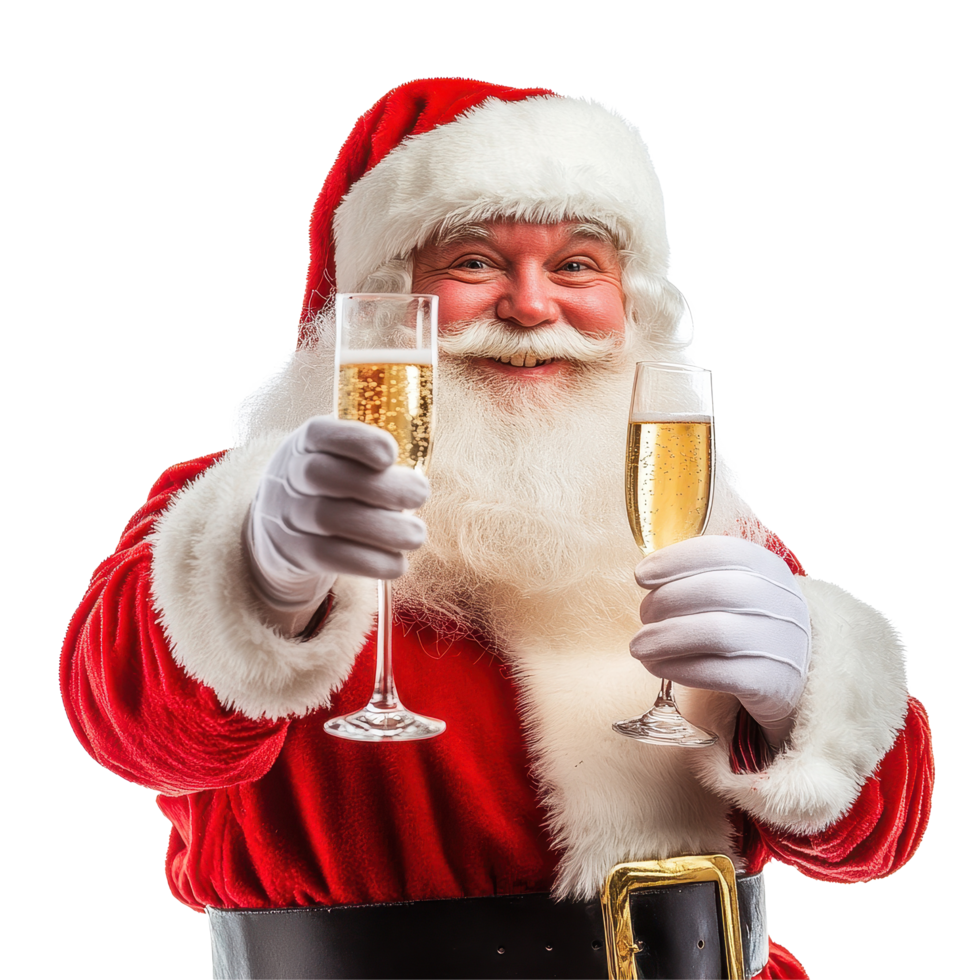 Santa Claus celebrates with champagne and joy during the festive season, Santa claus with one glass champagne, celebrating the new year, on Transparent background, background png