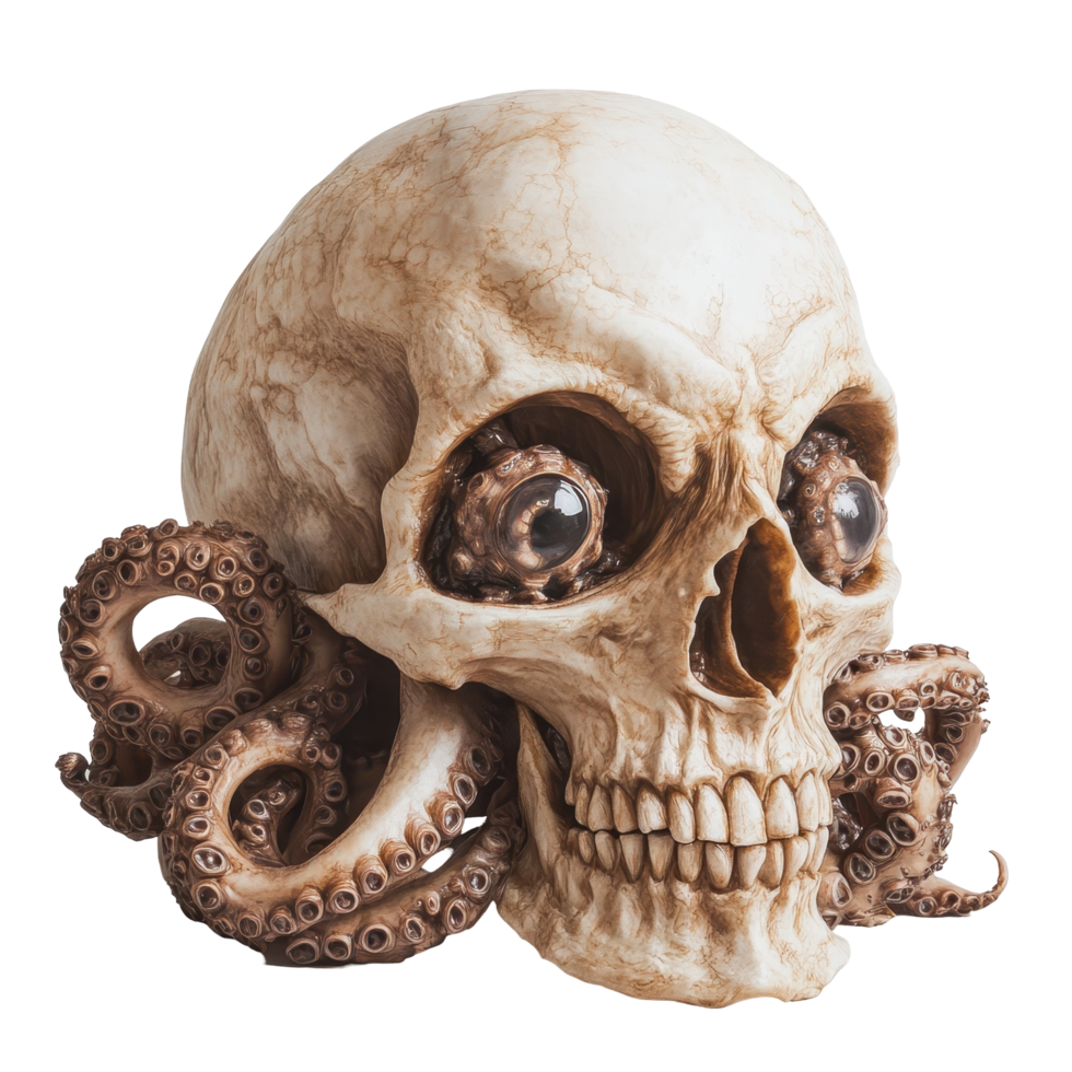 Intricate skull with tentacles and eyes set against a bright Transparent background, skull with tentacles and eyes on a white surface, background png