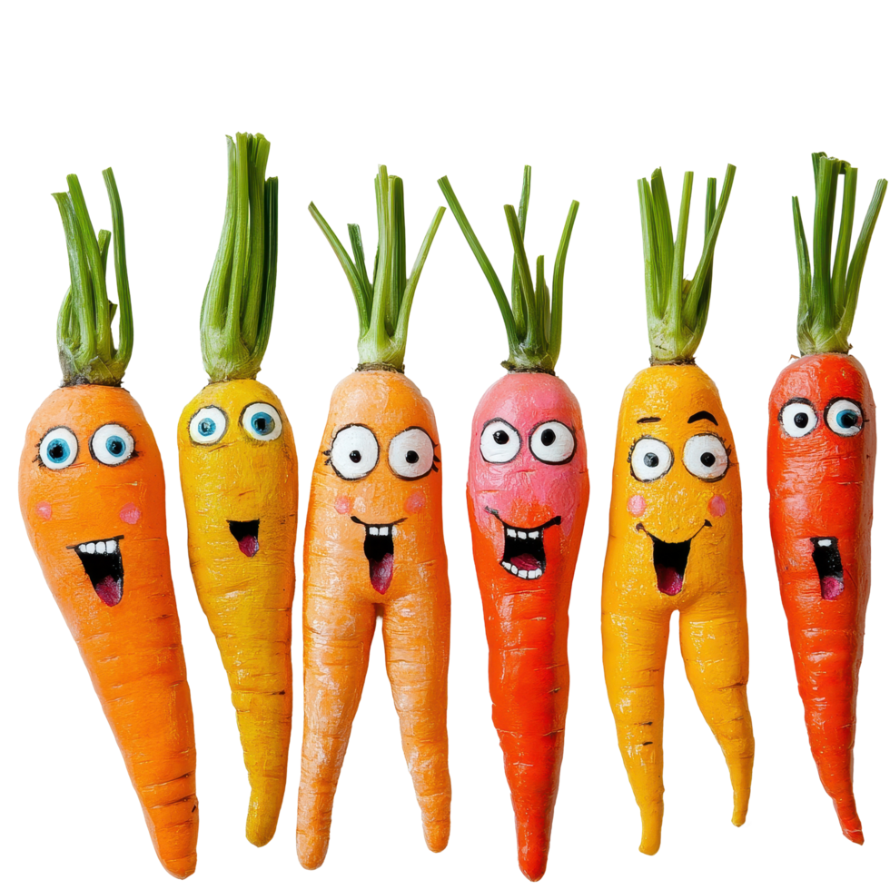 Colorful carrots with painted faces on a Transparent background showcasing fun characters and expressions, row painted carrots with faces and eyes, png