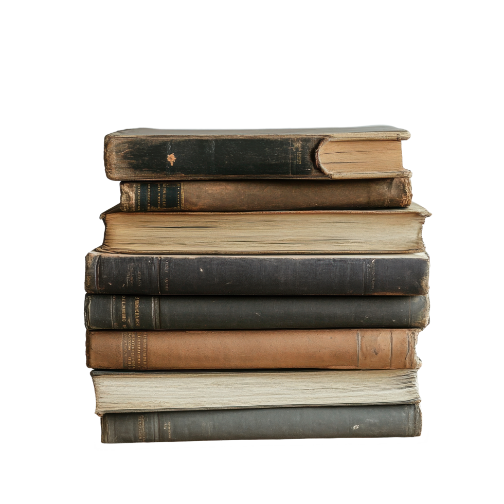 Stacked old books on a wooden table with a simple Transparent background, stack old books sitting on a wooden table, background png