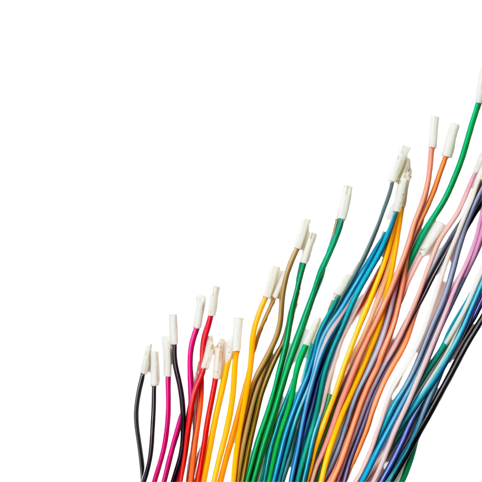 Colorful electrical wires arranged on a white surface for crafting or wiring projects, row colored electrical wires on a white surface, Transparent background png