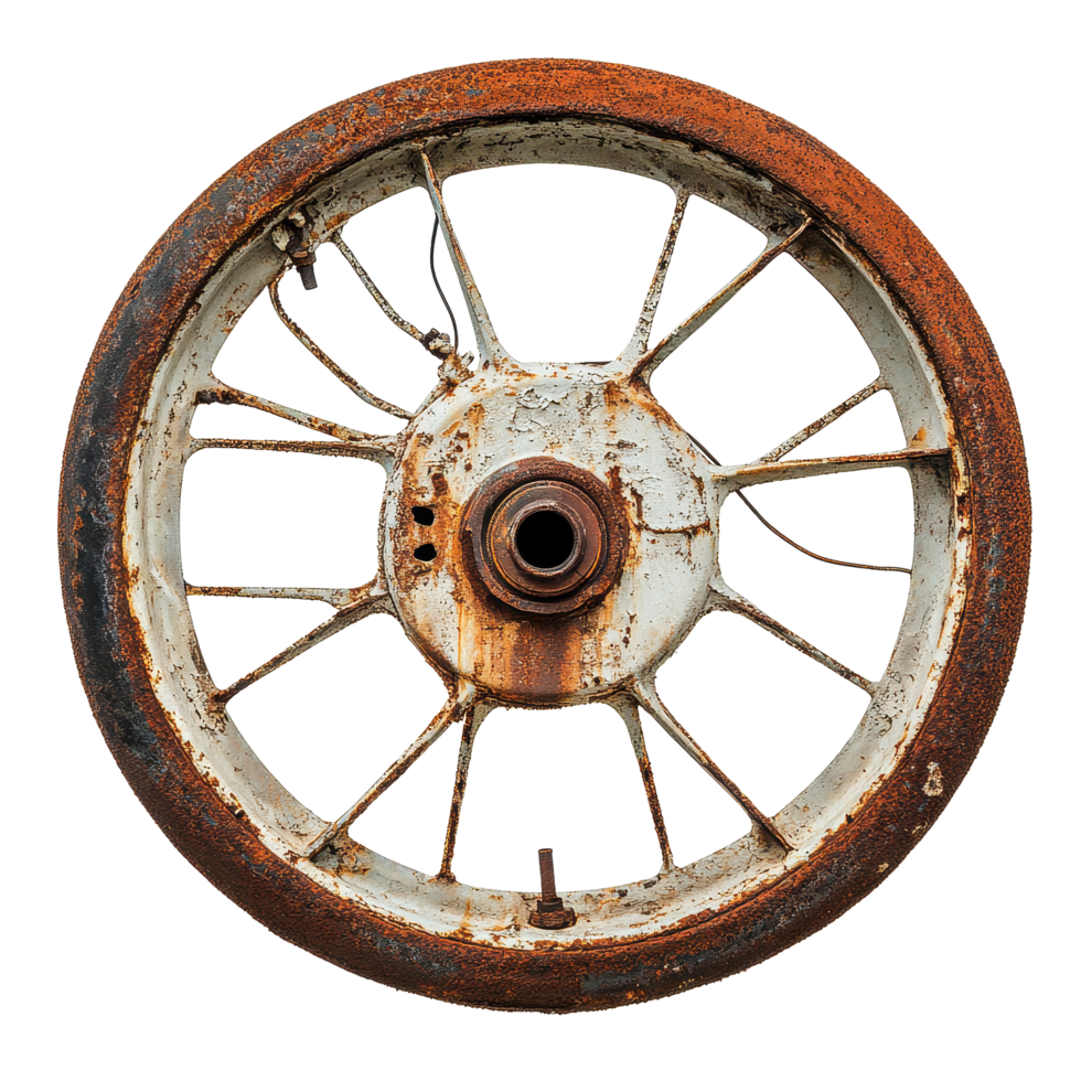 Rusty rimmed wheel with gaps in spokes showcased against a plain background, Rusty Rimmed Wheel with a Gap in the Spokes, Transparent background png