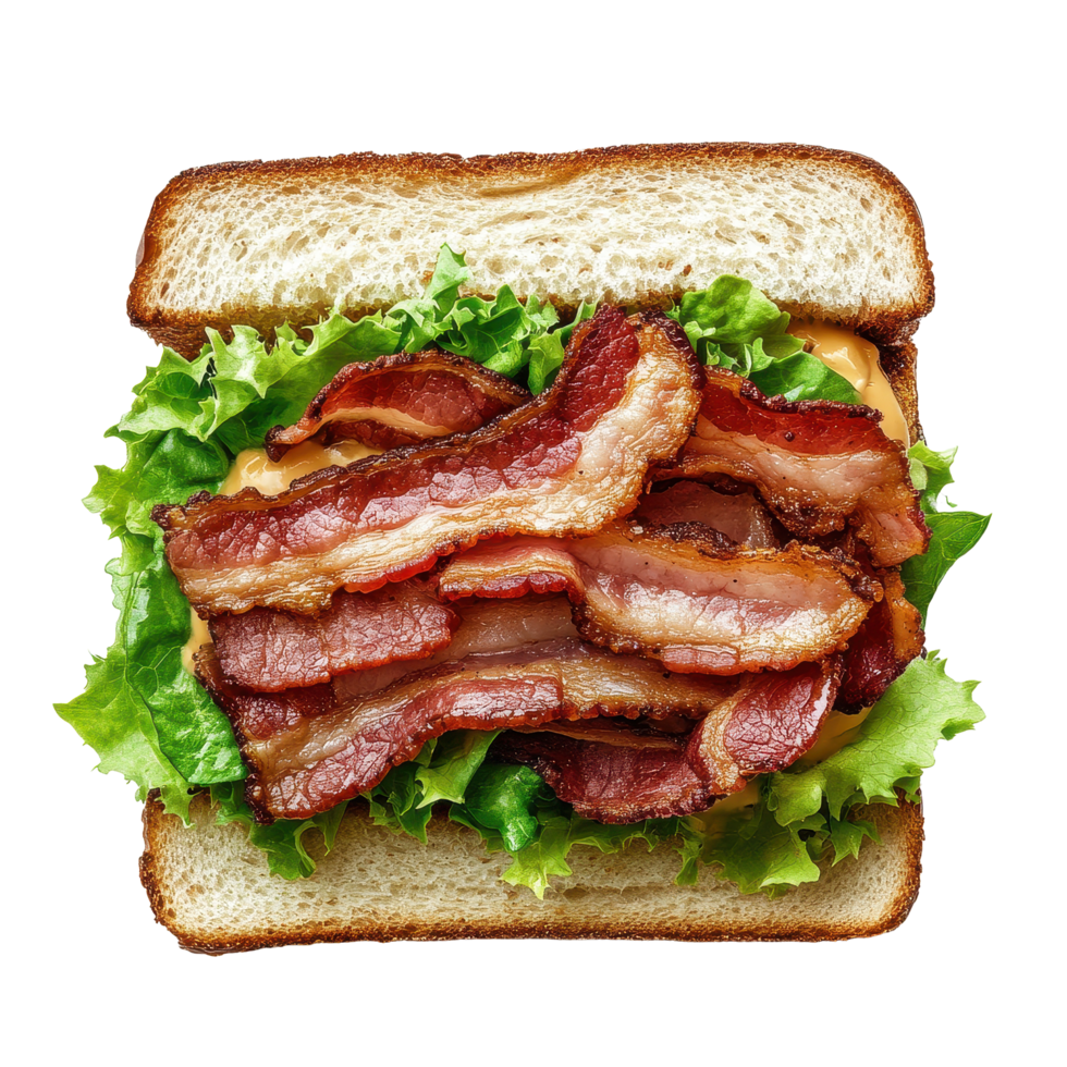 Delicious bacon sandwich on fresh lettuce in a simple Transparent background, sandwich with bacon top view isolated on White background png