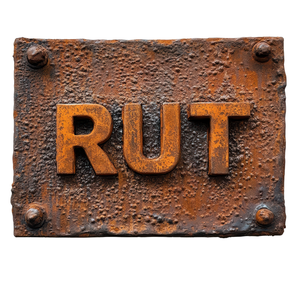 Rusty metal sign featuring the word rust in a weathered and decayed state, rusted metal sign with the word rust written on it, Transparent background png