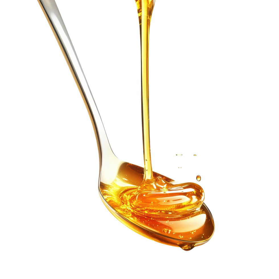 Spoon pours golden honey, capturing the sweet liquid's texture and flow in a delicate moment, spoon with honey on it and a liquid pouring from it, Transparent background png