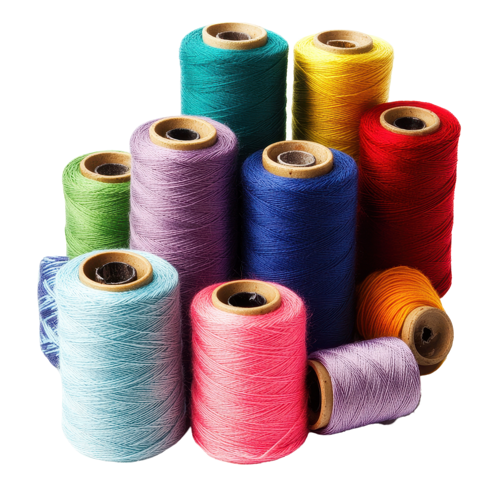 Collection of colorful spools arranged on a Transparent background showcasing various thread colors and textures, Spools Thread, background png