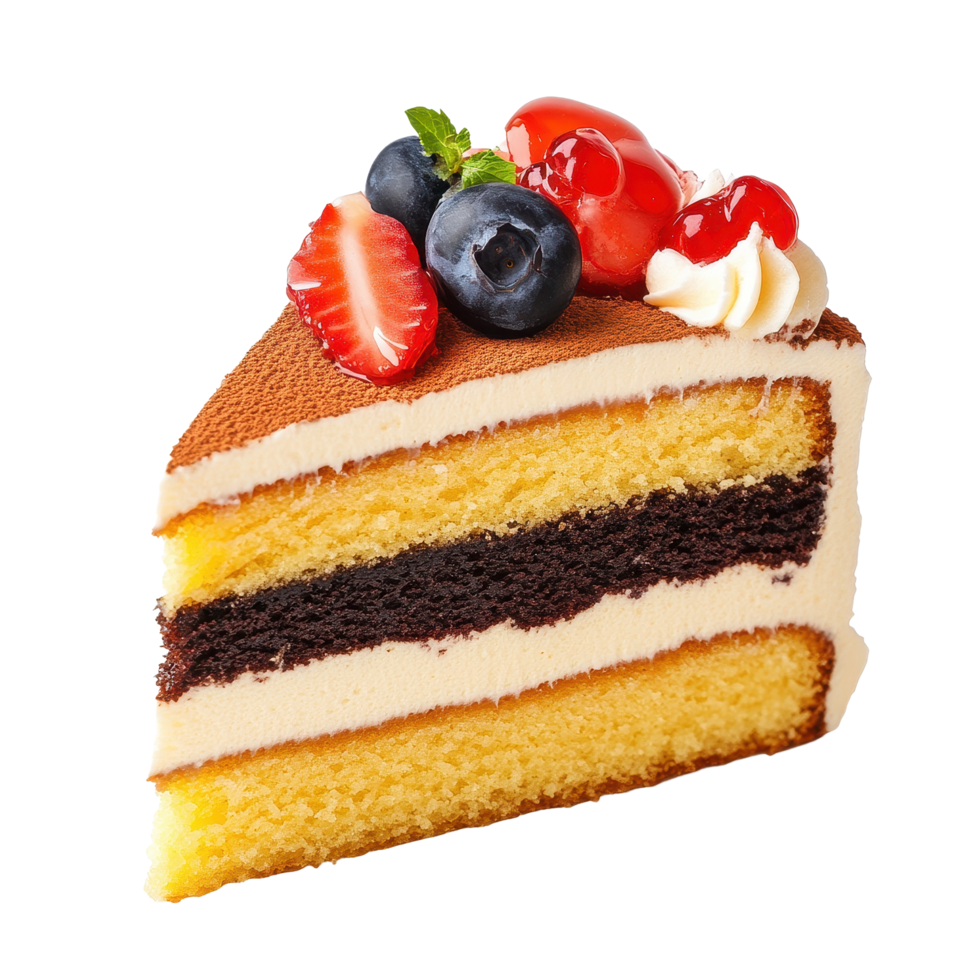Delicious sponge cake slice topped with fresh fruit and cream on a Transparent background, sponge cake food isolated on background png