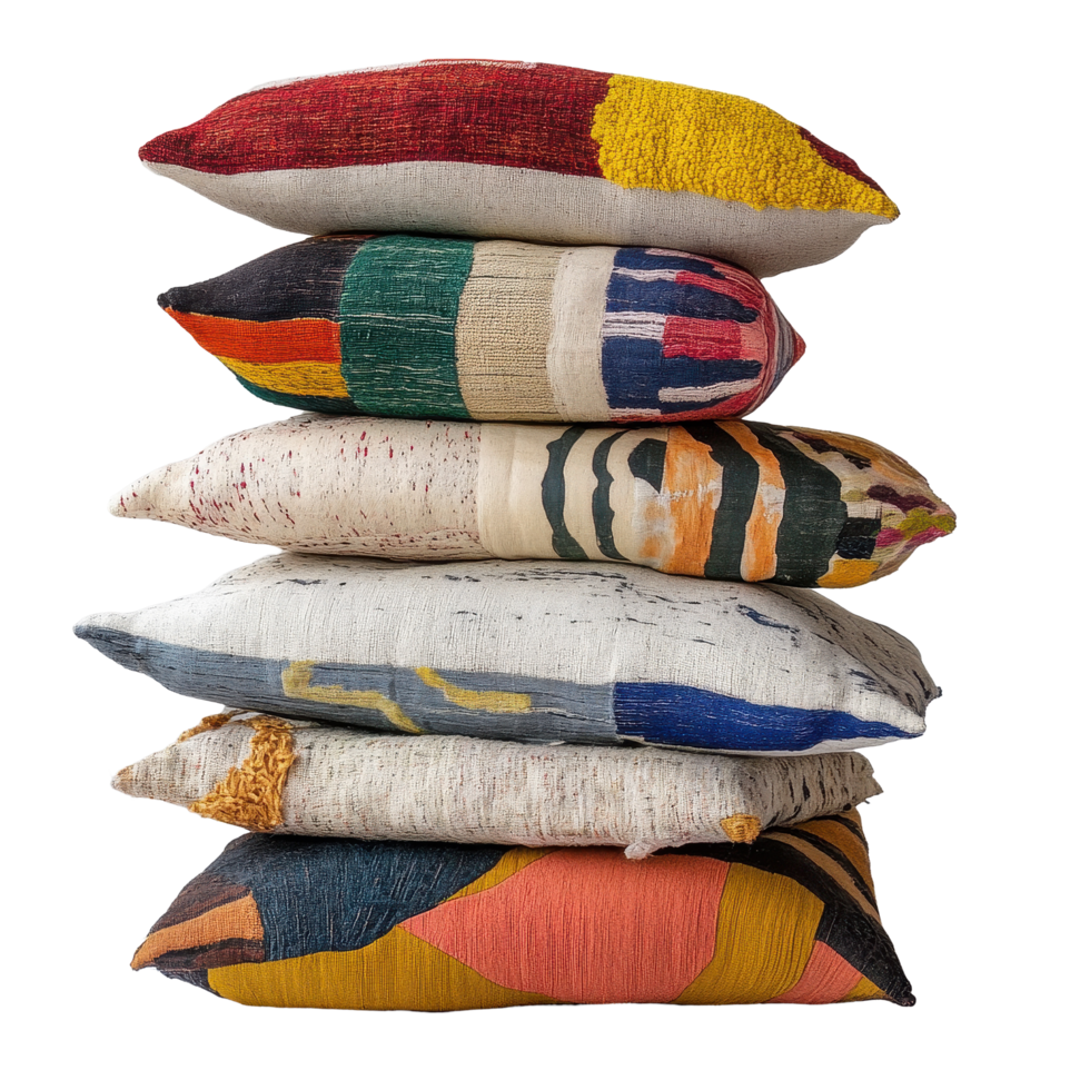 Stack of colorful decorative pillows arranged neatly against a plain background, Stack Pillows png