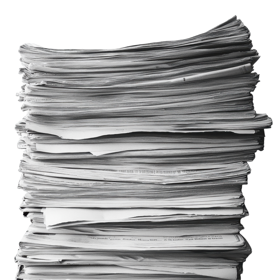 Stack of newspapers piled high, showcasing daily news print in a monochrome setting, Stack Newspapers png