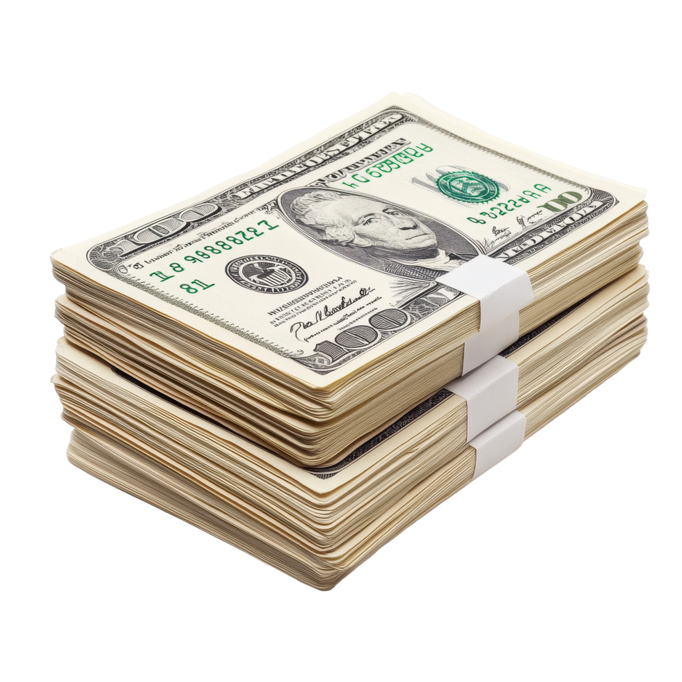 Stack of dollar banknotes arranged neatly on a clean Transparent background for financial concepts and transactions, Stack dollar banknotes isolated on png