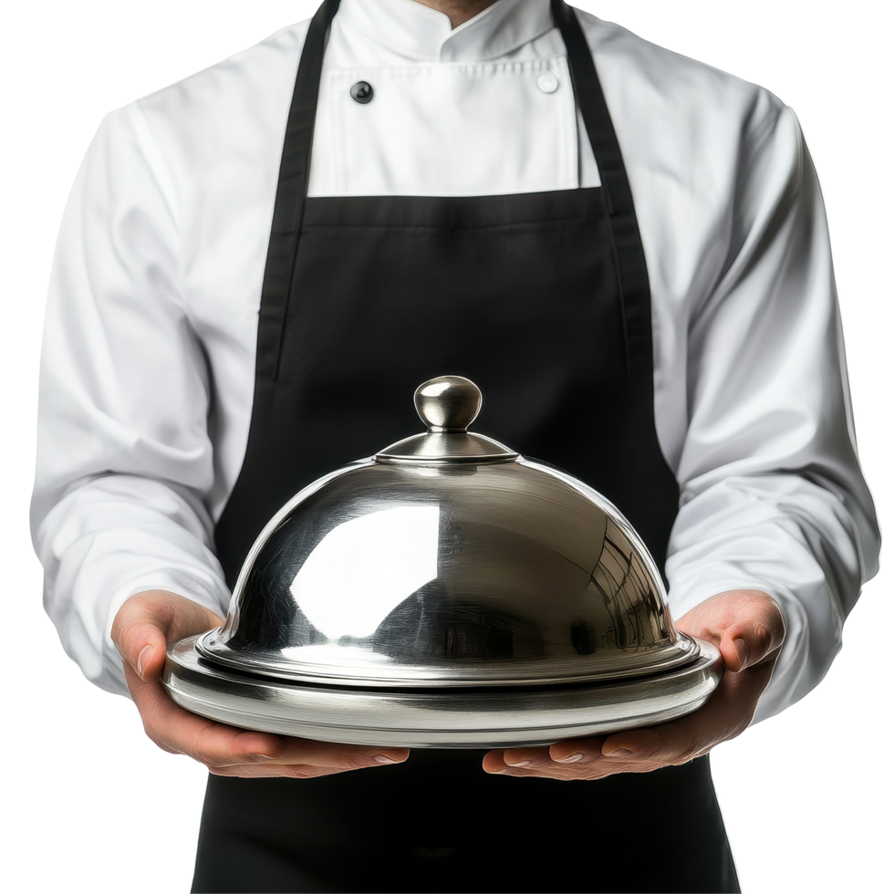 Waiter presenting stainless steel cloche with professional attire and Transparent background, Waiter with Stainless Steel Cloche isolated on png