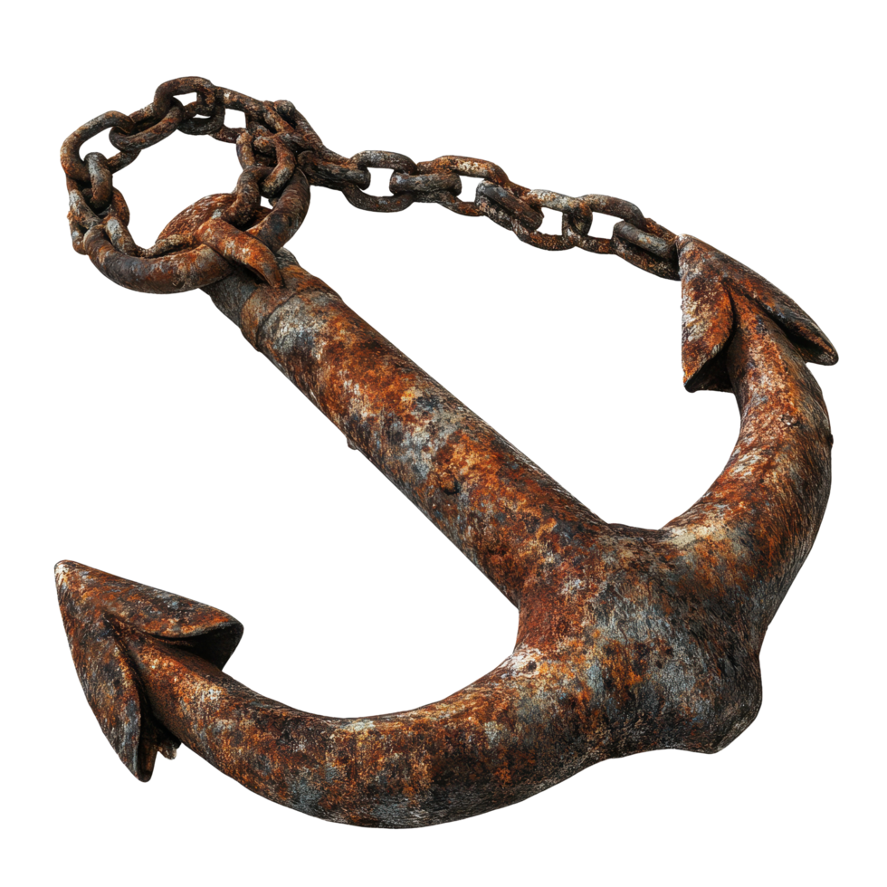Rusty chain and abandoned anchor resting against a Transparent background, Rusty chain an abandoned anchor, background png