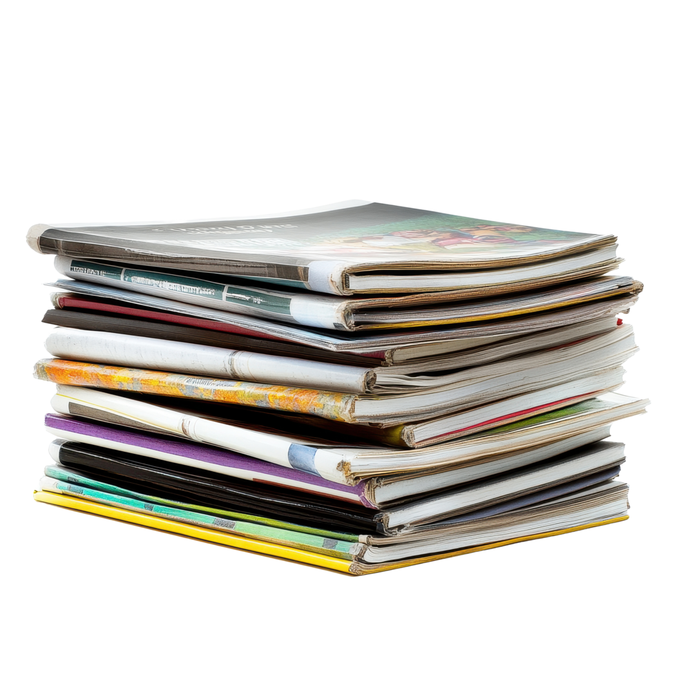 Magazines stacked neatly on a Transparent background ready for reading or organizing, Stack magazines on background png