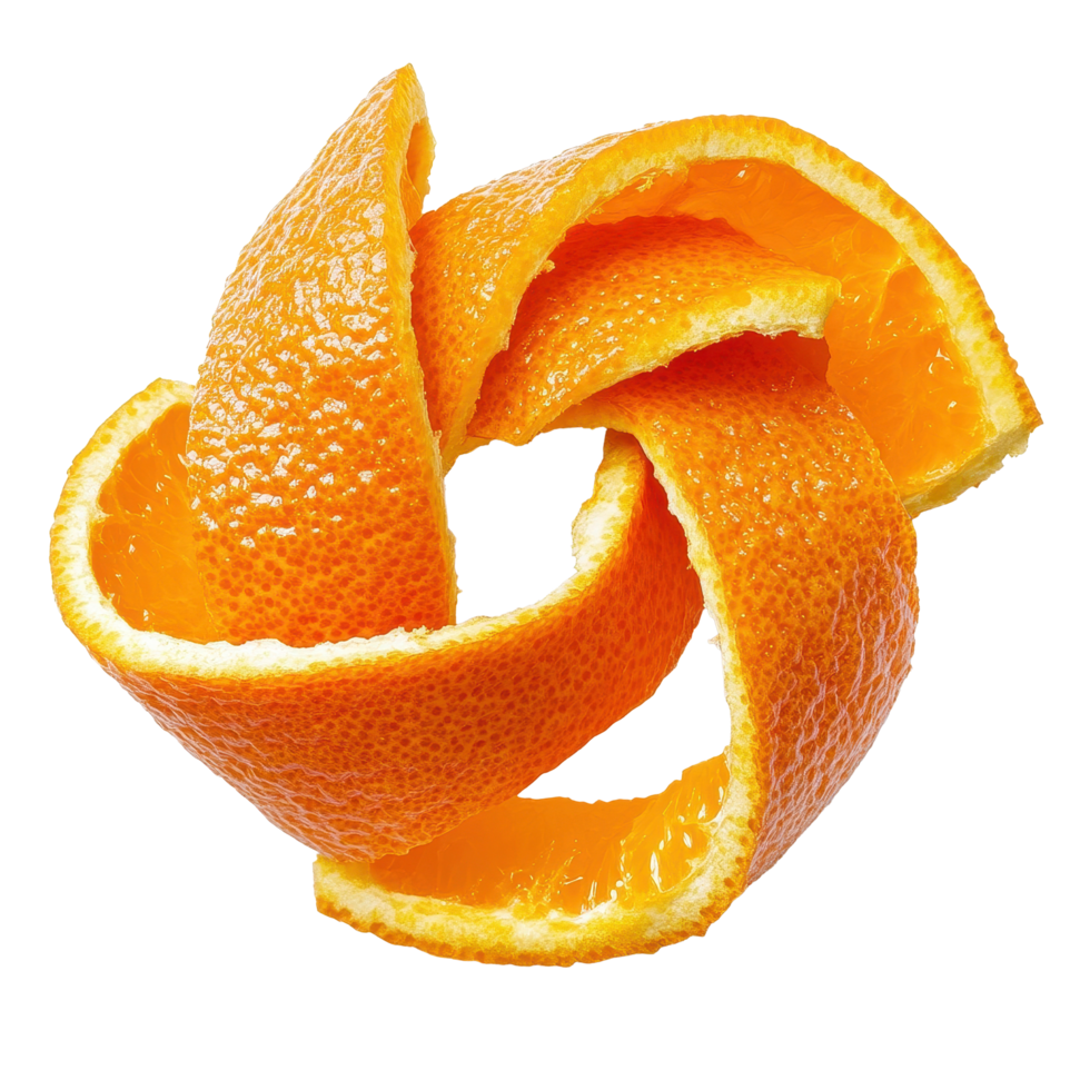 Spiral twist of vibrant orange peel isolated on clean Transparent background showcasing freshness and texture, Spiral orange peel twist isolated on png