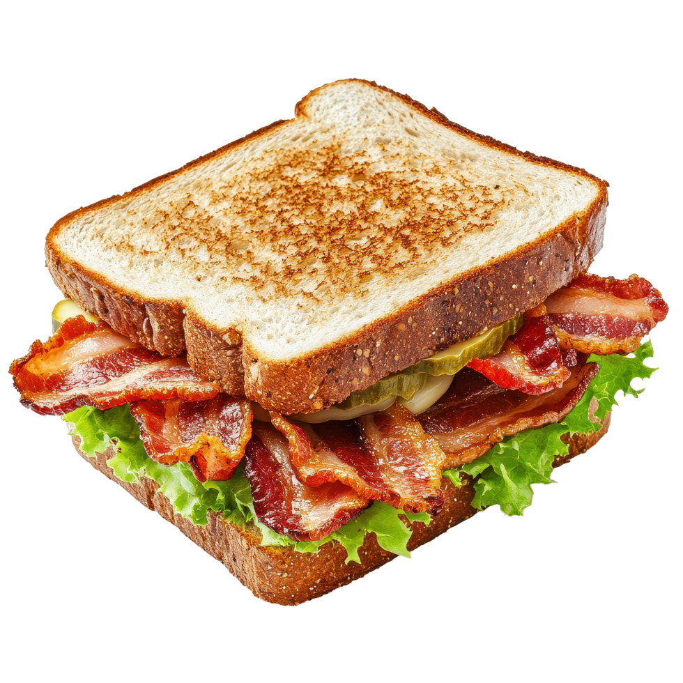 Sandwich featuring crispy bacon and fresh lettuce on toasted bread isolated against a Transparent background, sandwich with bacon isolated on background png