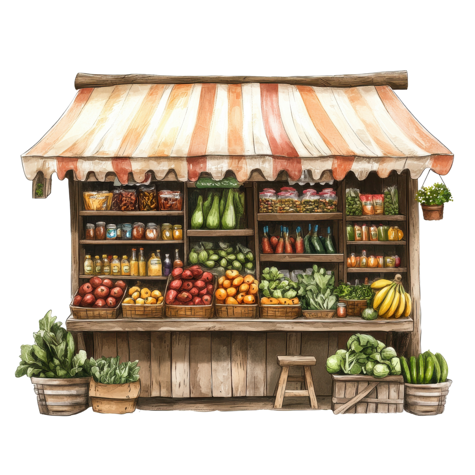 Explore fresh produce at a rustic grocery store in a charming rural marketplace with assorted goods, Rural Marketplace A Rustic Grocery Store with Fresh Produce, Transparent background png