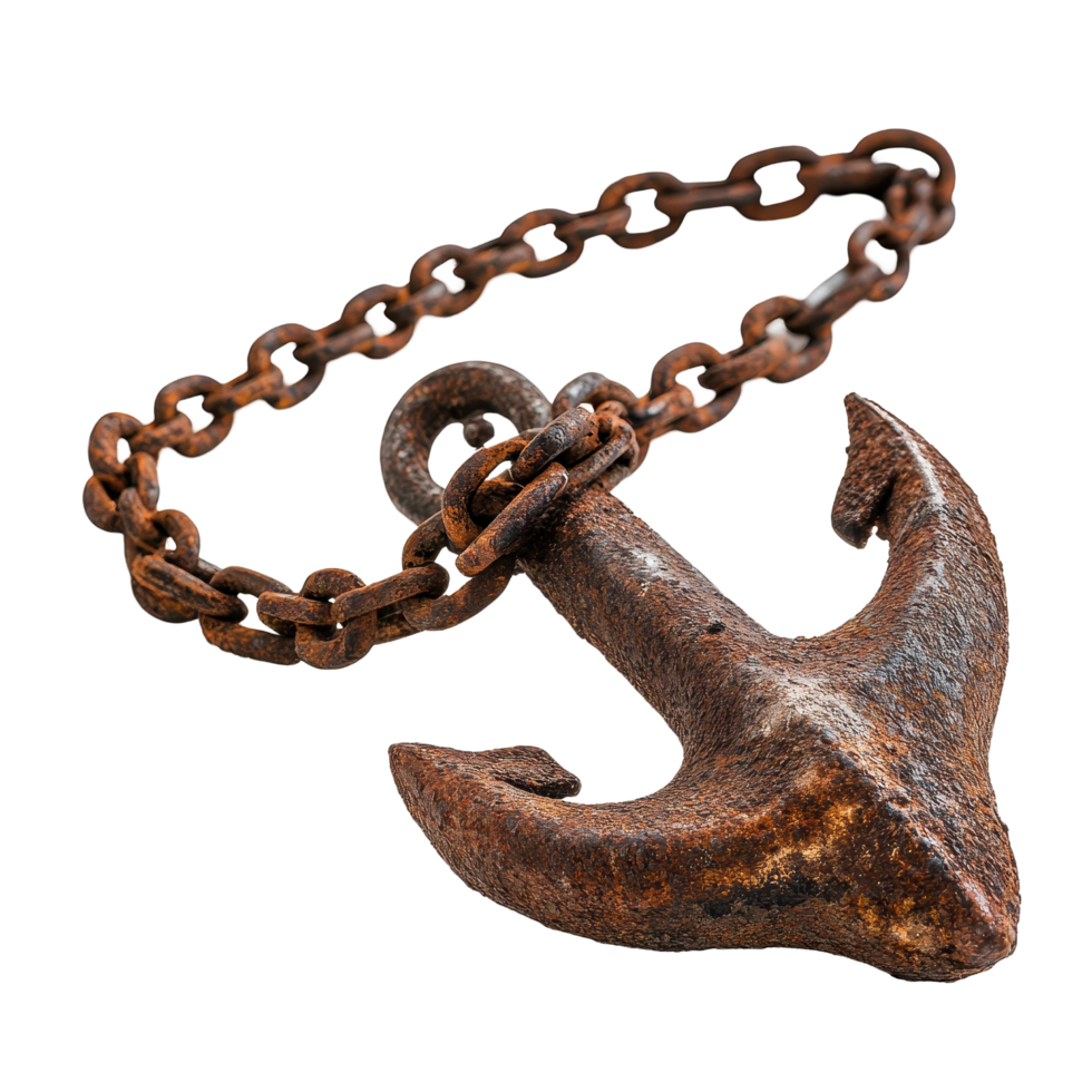 Rusty chain linked to an abandoned anchor set against a Transparent background, Rusty chain an abandoned anchor, background png