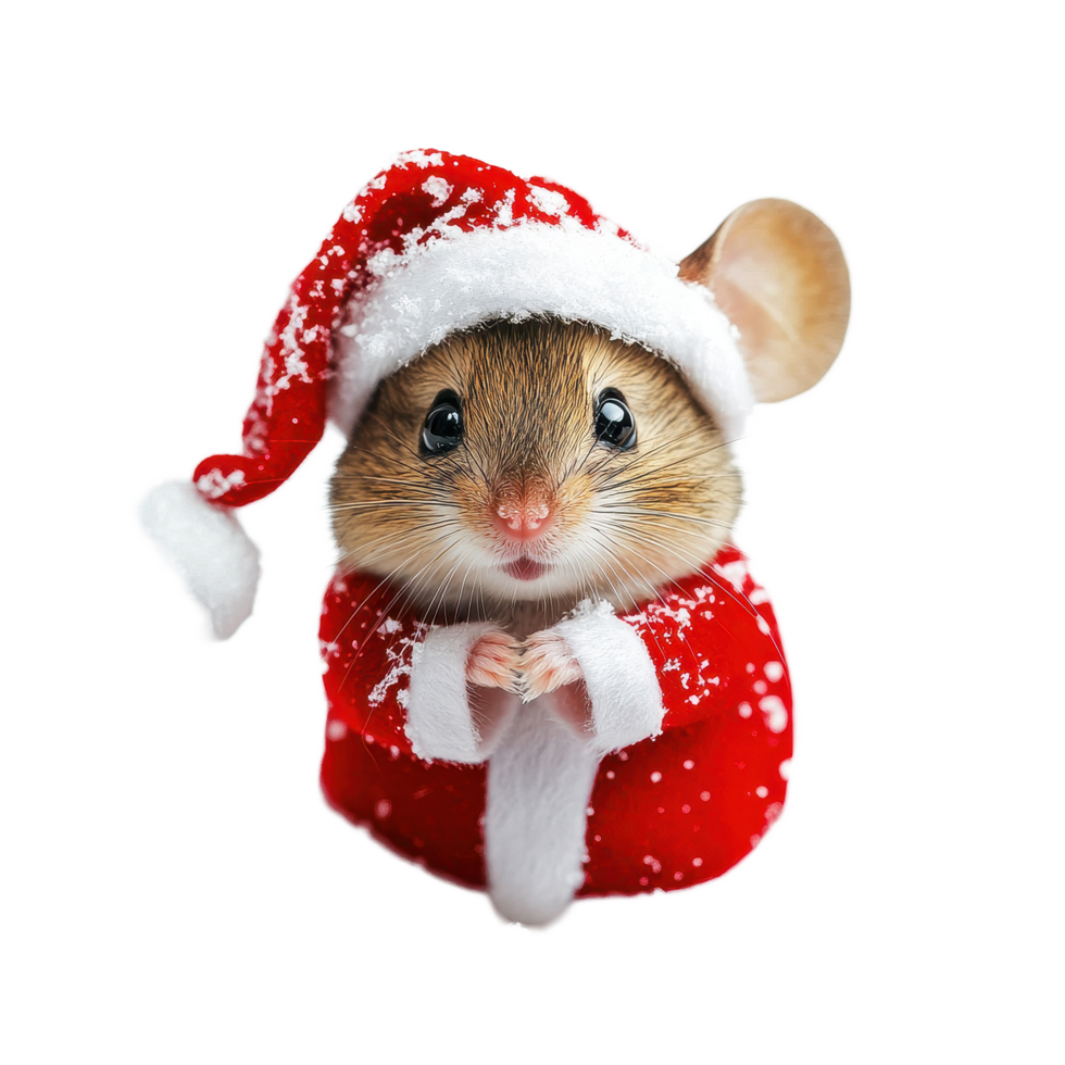 Cute Santa mouse dressed in a festive Christmas costume on a snowy Transparent background, santa mouse wearing christmas costume on png